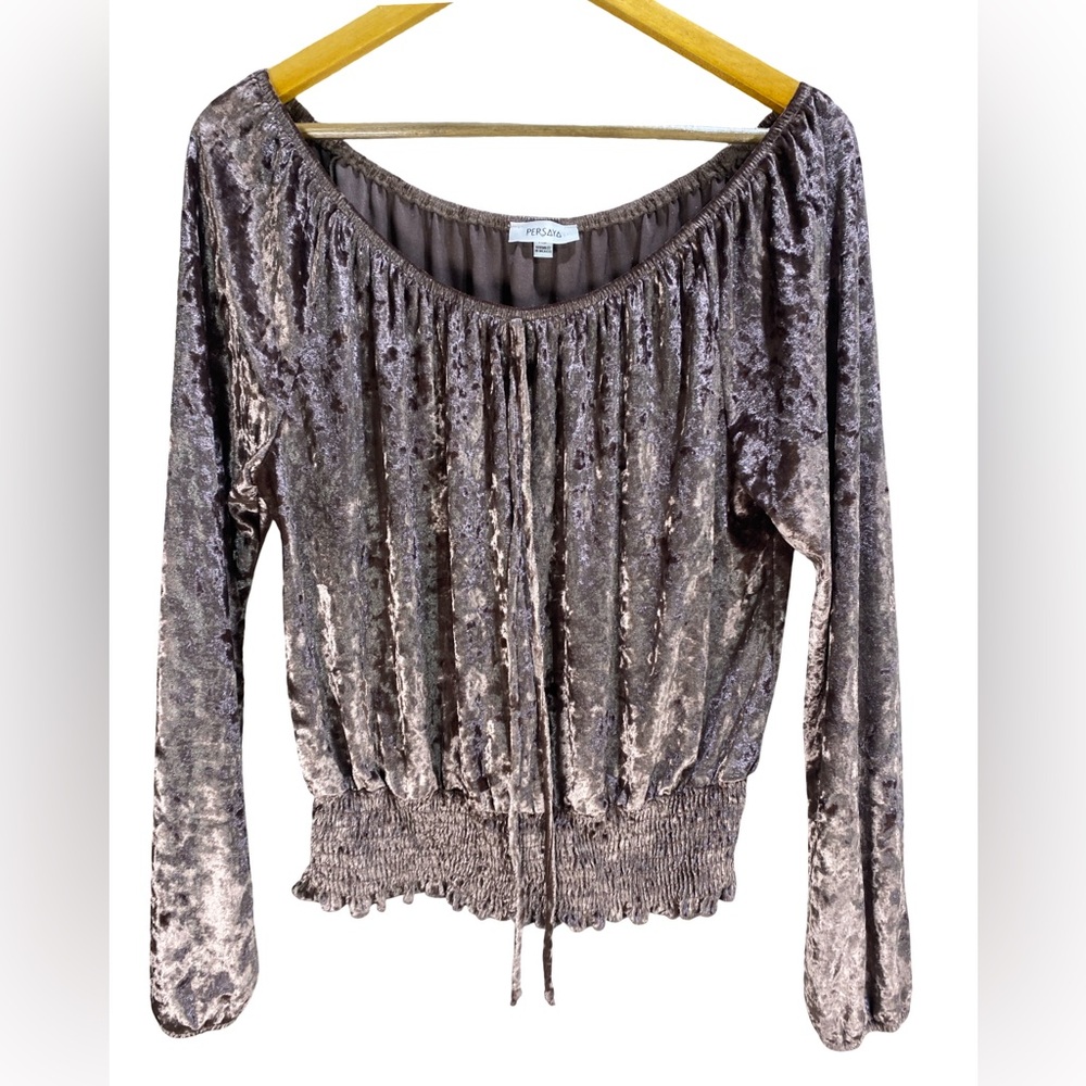 Persea Crushed Velvet Off Shoulder Blouse XL Brown Shimmer Smocked